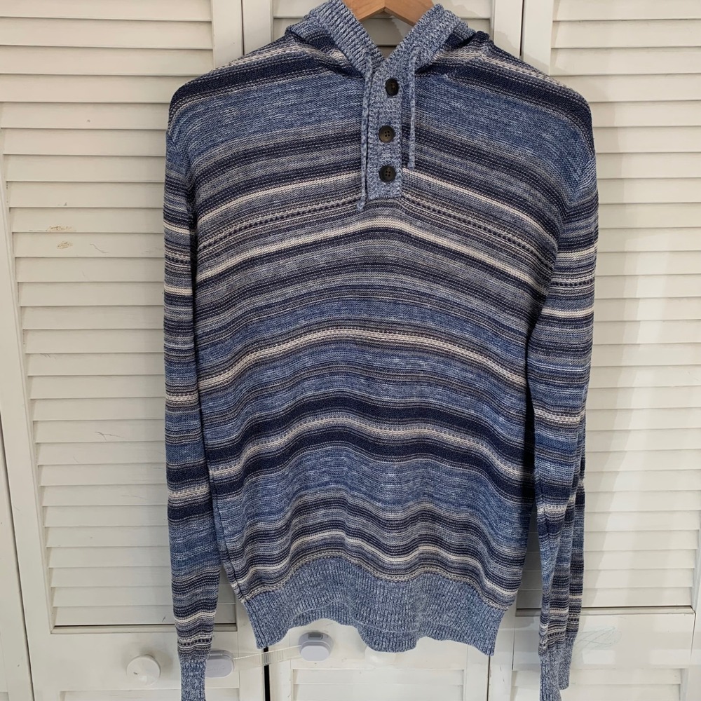 Faherty Playa Baja Hoodie‎ Henley Knit Pullover Mens M Cotton Linen Striped Blue